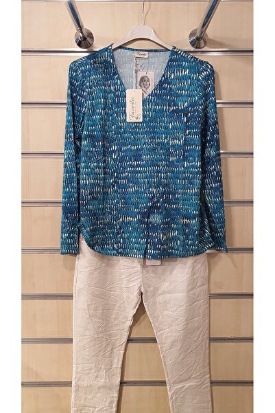 trendbysena V-Neck Patterned Long Sleeve Combed Bluz