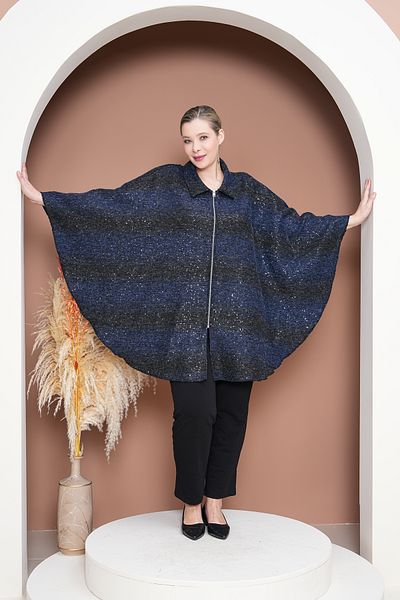 GigiTex Poncho supradimensionat albastru negru - fermoar frontal, lungime sezonieră 90 cm, umăr-mânecă 63 cm