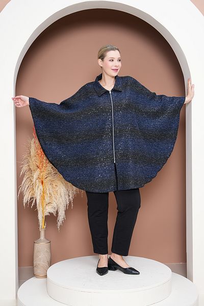 GigiTex Poncho supradimensionat albastru negru - fermoar frontal, lungime sezonieră 90 cm, umăr-mânecă 63 cm