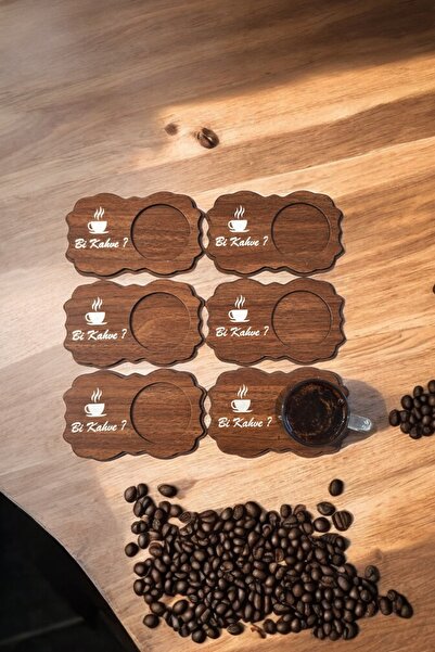 wooden gift design Kahve Sunum Bardak Altlığı 6 Adet Ceviz Bi Kahve Sözlü