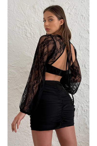 Aura 7 Collection KADIN GİYİM KOLLARI DANTELLİ CASTİLLO SİYAH MİNİ ELBİSE