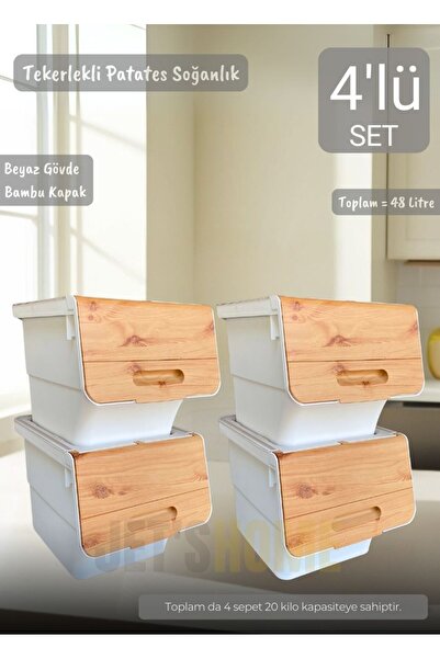 Jet's Home 4’lü Bambu Tekerlekli Patateslik Soğanlık Oyuncak Kutusu Patates Soğan Sepeti Motek 48 Lt