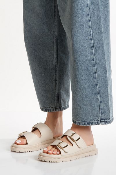 Lideral Beige Colored Orthopedic Women's Slippers - Double Buckle, Comfortable Puff, Anatomical Design
