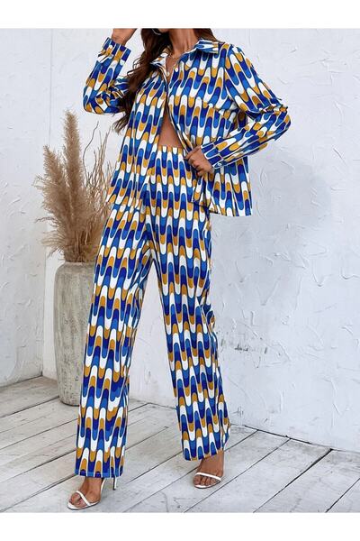 Patterned Oversize Shirt Pants Bottom Top Premium Satin Set