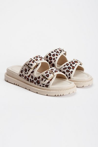 Lideral Beige Leopard Print Orthopedic Women's Slippers - Double Buckle, Comfortable Puff, Anatomical Design