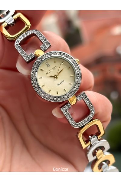 Almera 25mm Case - Gold-Silver Vintage Steel Chain Women's Wristwatch and Bracelet Set