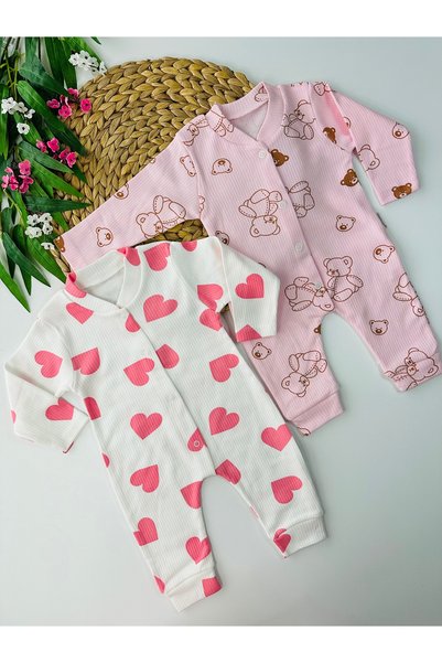 minço bebe Baby Girl Pink Heart Teddy Bear Patterned 2-Pack Cotton Footless Romper Newborn