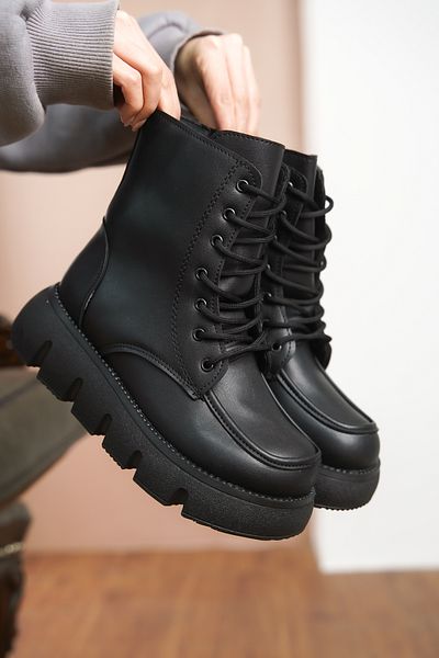 Moda Değirmeni Women's Black Thick Sole Lace up Boots - Zippered, Bg1001-116-0013