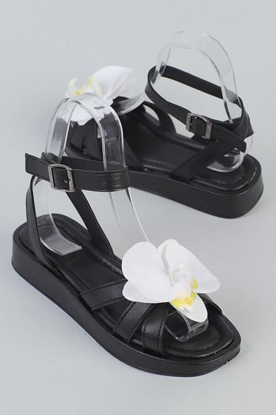 ShoeTek Sandale de damă Ellisa cu bretele încrucișate din piele neagră florală