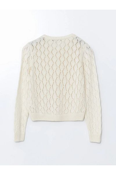 LC Waikiki Xside Ecru Crew Neck Openwork Women's Knitwear Cardigan