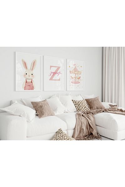 Home 3-Piece Powder Pink, Rabbit and Carousel Themed Personalized, Children's and Baby's Room Framed Painting