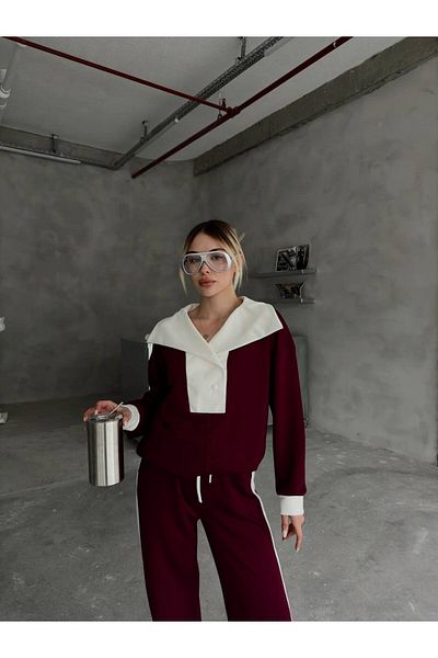 sportiness Modal Fabric Training Suit Wide Legs with Clutch Collar Button Strip Detail