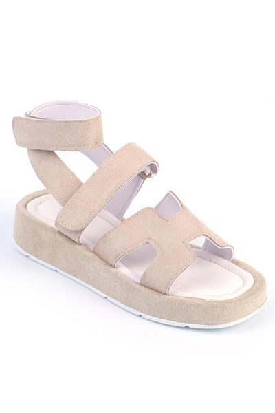 ShoeTek Sandale de damă din piele intoarsa bej - cu bretele si invelis la glezna