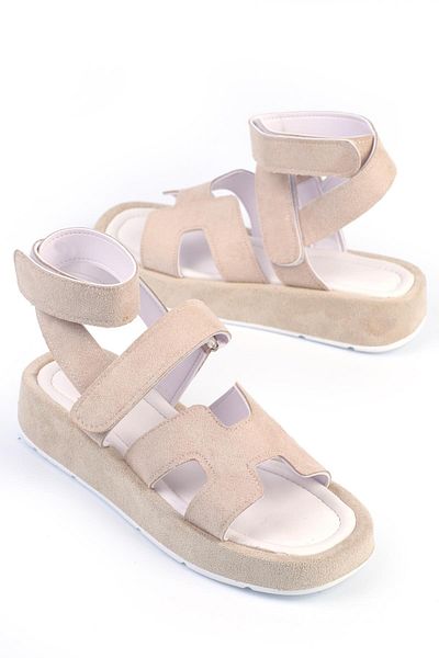 ShoeTek Sandale de damă din piele intoarsa bej - cu bretele si invelis la glezna