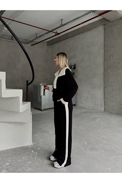 LAVRE DEVRİK YAKA DÜĞMELİ ŞERİT DETAYLI GENİŞ PAÇALI MODAL KUMAŞ EŞOFMAN TAKIM