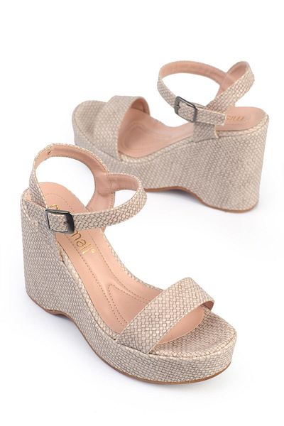 ShoeTek Sandale de damă din piele cu model bej Brenna - talpă cu bretele și pană