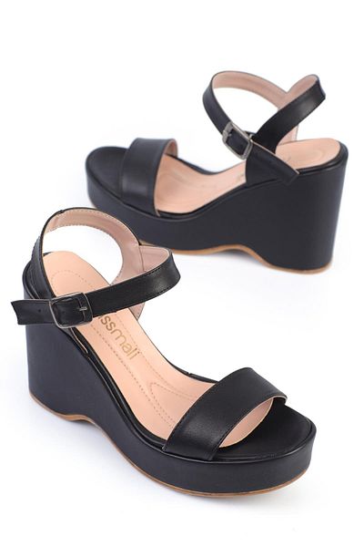 ShoeTek Brenna Women's Sandals Strappy Wedge Sole Black Leather