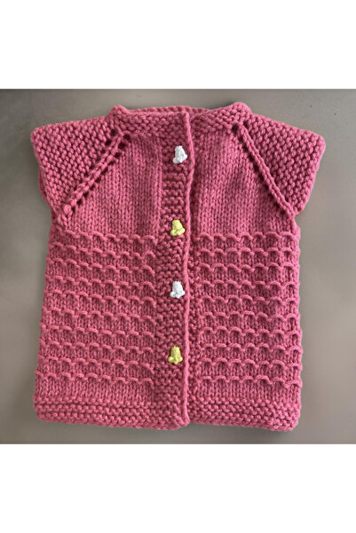 FM Otantik Yumuşak Kırmızı Renk 1-2 Yaş Şirin Detay Yün El Örgüsü Bebek Yelek