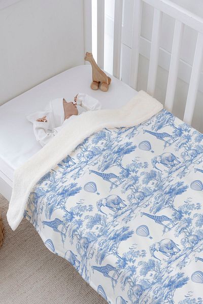 Tuğba Kuğu Double Face Plush Blanket - Blue Toile De Jouy