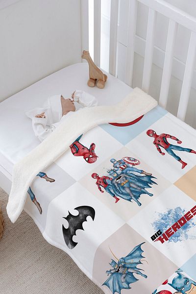 Tuğba Kuğu Plush Double Face Blanket (80X120) - Cartoon - Super Heroes Patchwork