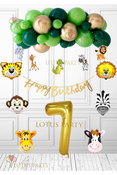 LOTUS PARTY Safari Γενέθλια Κόνcept - 6 Τεμάχια Σαφάρι Μπαλόνι - 5 Τεμάχια Σαφάρι Μπανιέρα - Χρυσό Χαρούμενος - 7 ετών