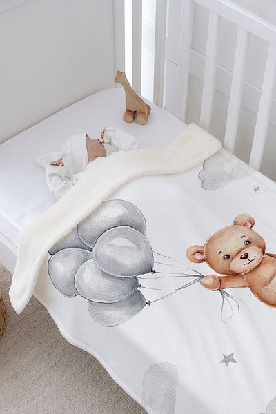 Tuğba Kuğu Plush Double Face Blanket (80X90) - Iconic - Bear Holding Balloons