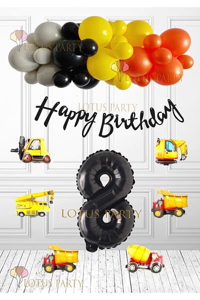 LOTUS PARTY Σετ γενεθλίων Construction Concept - Μηχανήματα εργασίας Foil Balloon - Orange Black Yellow Grey Balloon Age 8