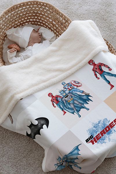 Tuğba Kuğu Plush Double Face Blanket (80X120) - Cartoon - Super Heroes Patchwork