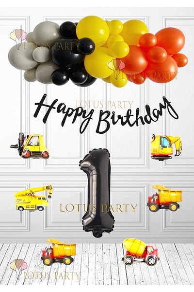 LOTUS PARTY Σετ γενεθλίων Construction Concept - Μηχανήματα εργασίας Foil Balloon - Πορτοκαλί Μαύρο Κίτρινο Γκρι Μπαλόνι Ηλικία 1