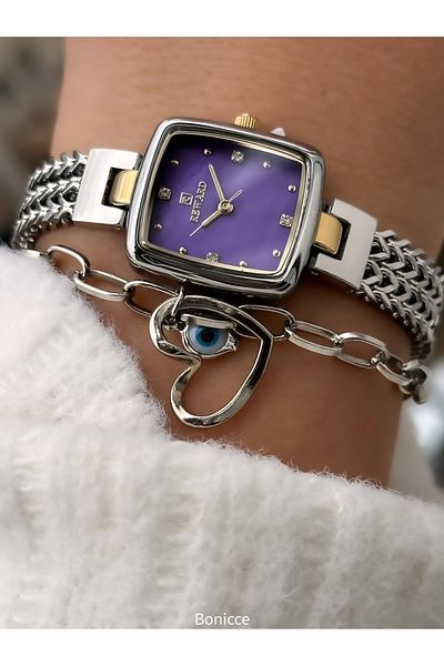 Reward 22*20mm Case - Women's Wristwatch and Bracelets with Silver Steel Band, Purple Dial Valentine's Day Gift
