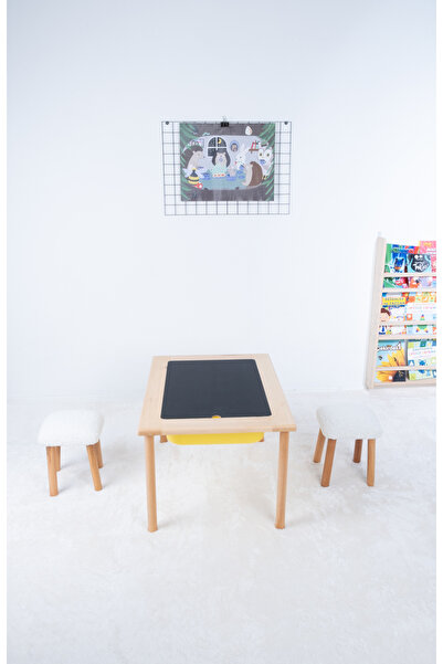 LiliKids Montessori Çocuk Masası ve 2 Adet Beyaz Tabure Seti - Çift Taraflı Y...