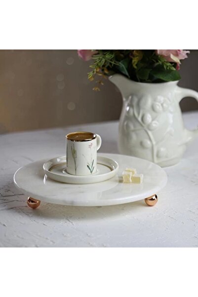 Akayev Mermer 25 Cm Rose Gold Boncuk Ayaklı Beyaz Yuvarlak Sunumluk