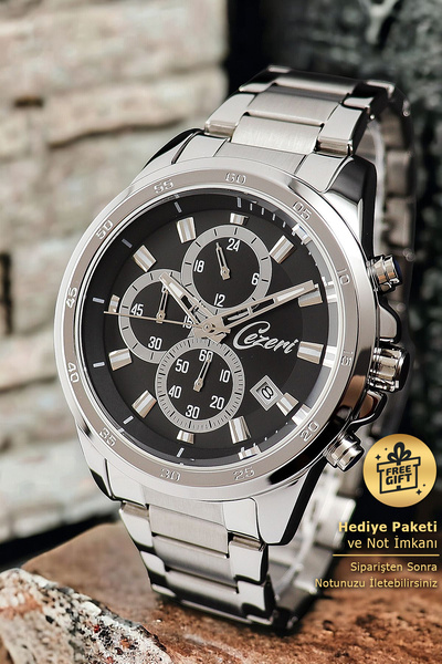 Cezeri ساعة يد رجالية باللون الفضي والأبيض والأسود - ساعة توقيت مع وظيفة وتقويم