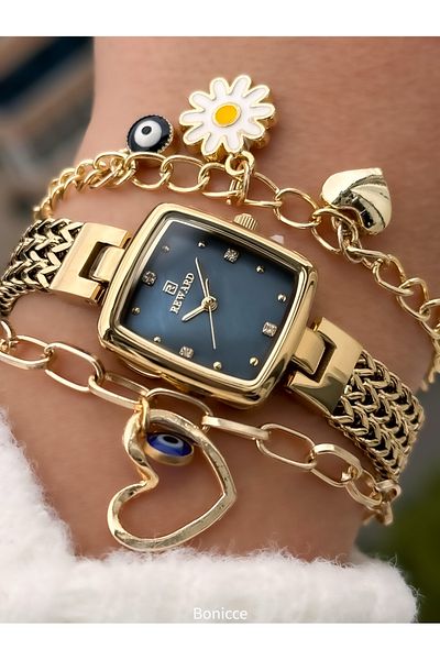 Reward 22*20 mm Case with Yellow Steel Band and Blue Dial - Women's Wristwatch and Bracelets Valentine's Day Gift