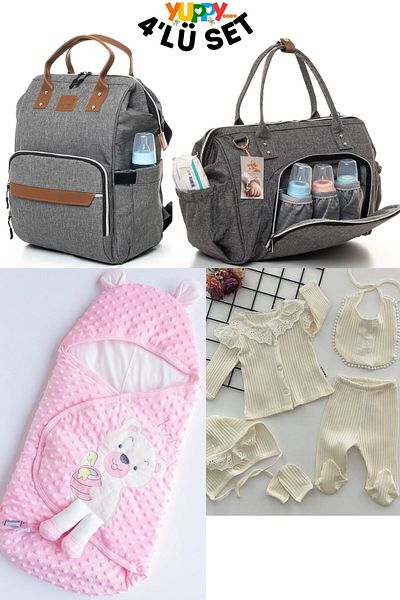 pjishop Yuppy Set of 4 - Baby Sirt and Shoulder Bag, Hospital Release and Chickpea Swaddle