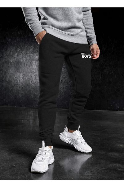 DEEPSENCE Pantaloni de trening negri groși pentru bărbați - imprimați, Jogger cu picioare subțiri, bumbac