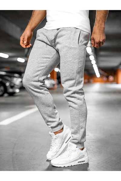 DEEPSENCE Pantaloni de sport gri pentru bărbați, slim fit, din bumbac, slim fit, gri Jogger, picior subțire