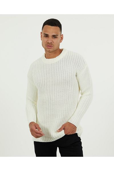 elkumoda Πλεκτό πουλόβερ Oversize Crew Neck - Αλυσίδα διπλής στρώσης, φυσικό βαμβάκι χωρίς κόλλημα, χαλαρή εφαρμογή