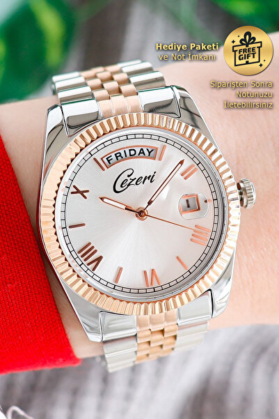 Cezeri Rose Bakır Beyaz Çift Takvimli Kadın Kol Saati