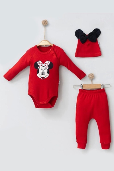 Eng 3-18 Months Baby Boy Set 3-Piece Red with Mickey Hat