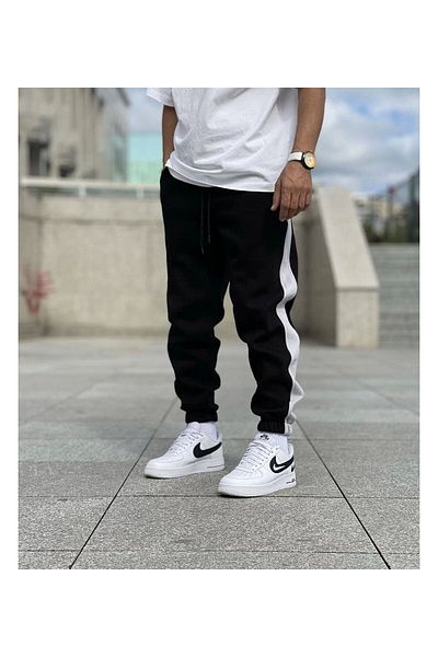 Relax family xf Μαύρο Oversize Jogger Sweatpants - Λευκή ρίγα, ελαστικό πόδι, βαμβακερό
