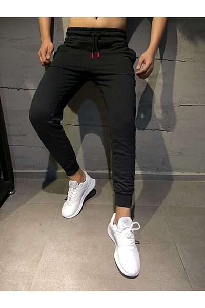 DEEPSENCE Pantaloni de sport pentru jogger, negri, de vară, slim fit, cu nervuri