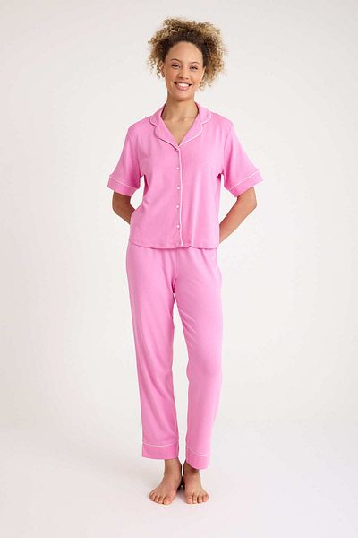 No52 HomeWear 90% Cotton 10% Elestan Pink Color Premium Quality Women's Short Sleeve Pajamas Set