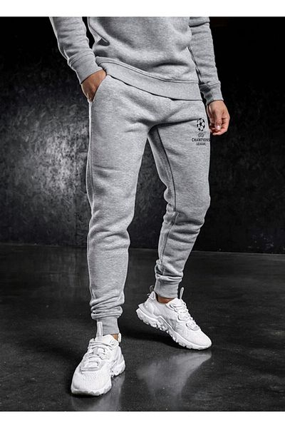 Relax family xf Ανδρικό χειμερινό γκρι φούτερ Skinny Leg Slim Fit Jogger με στάμπα με δύο κλωστές