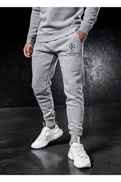 Relax family xf Ανδρικό χειμερινό γκρι φούτερ Skinny Leg Slim Fit Jogger με στάμπα με δύο κλωστές