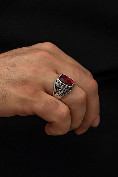 Ervanur Erkek Gümüş Kaplama Kırmızı Taşlı Yüzük