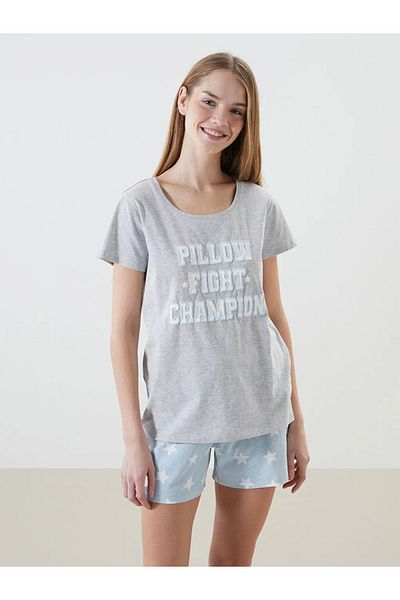 LC Waikiki Set de pijamale pentru damă, cu decolteu albastru, cu imprimeu, LCW DREAM