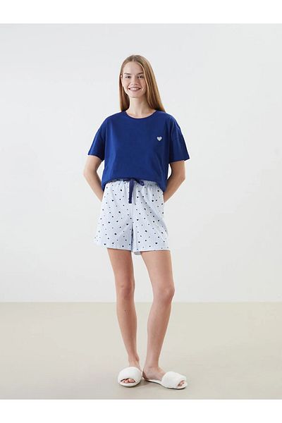 LC Waikiki Set de pijamale pentru femei LCW DREAM, albastru, cu decolteu, brodat