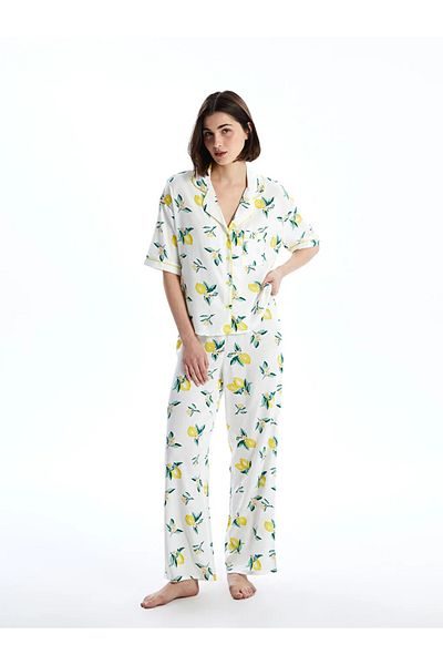 LC Waikiki Lcw Dream White Shirt Collar Printed Women's Pajamas Set