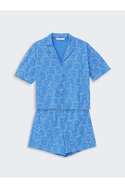 LC Waikiki Set de pijamale pentru femei LCW Young Blue cu guler de cămașă cu imprimeu și pantaloni scurți